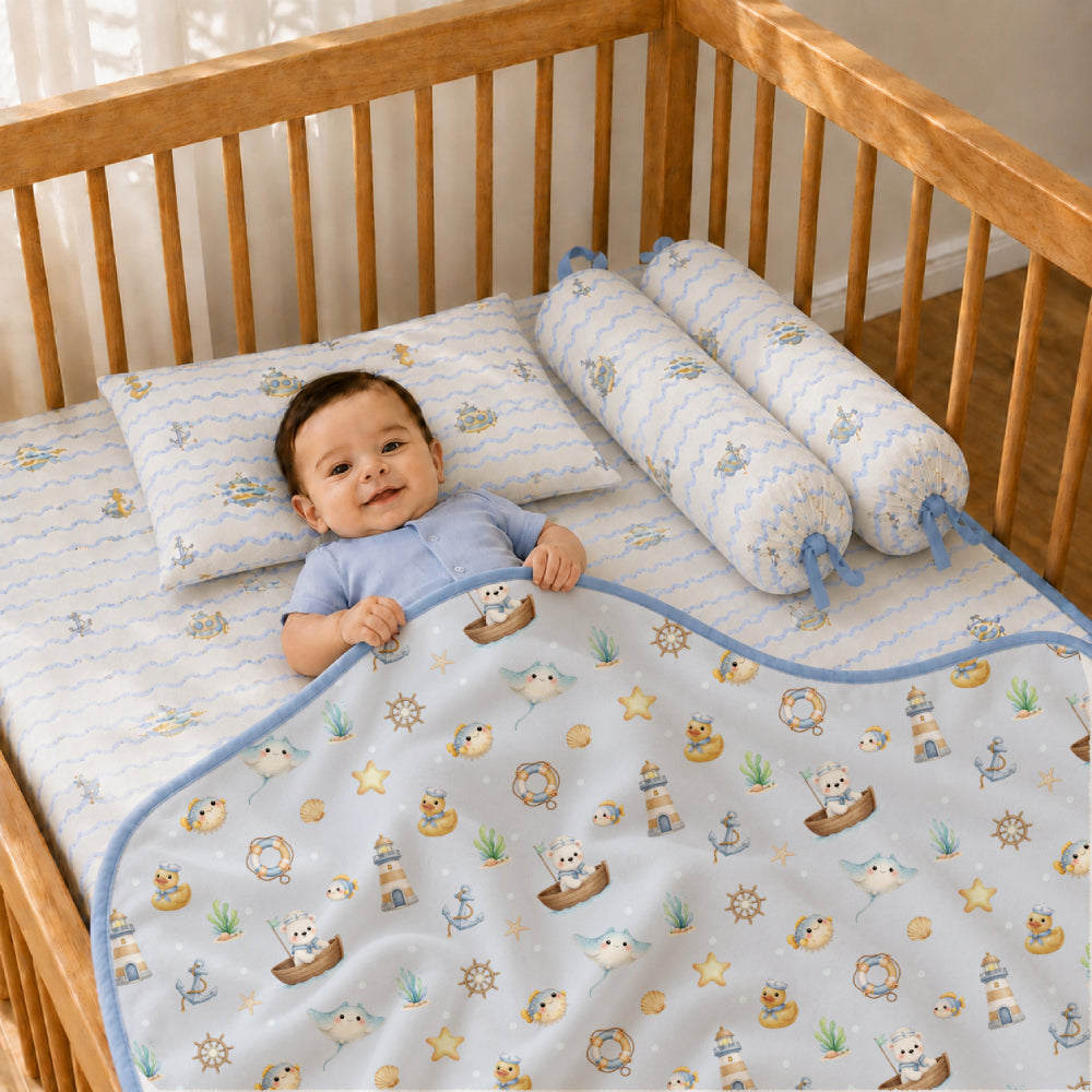 5 Pc Bamboo Muslin Cot Bedding Set -Bay Breeze