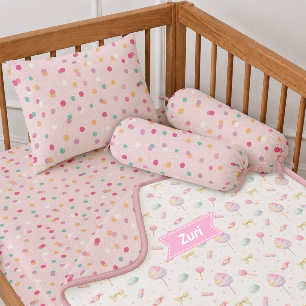 5 Pc Bamboo Muslin Cot Bedding Set - Cotton Candy
