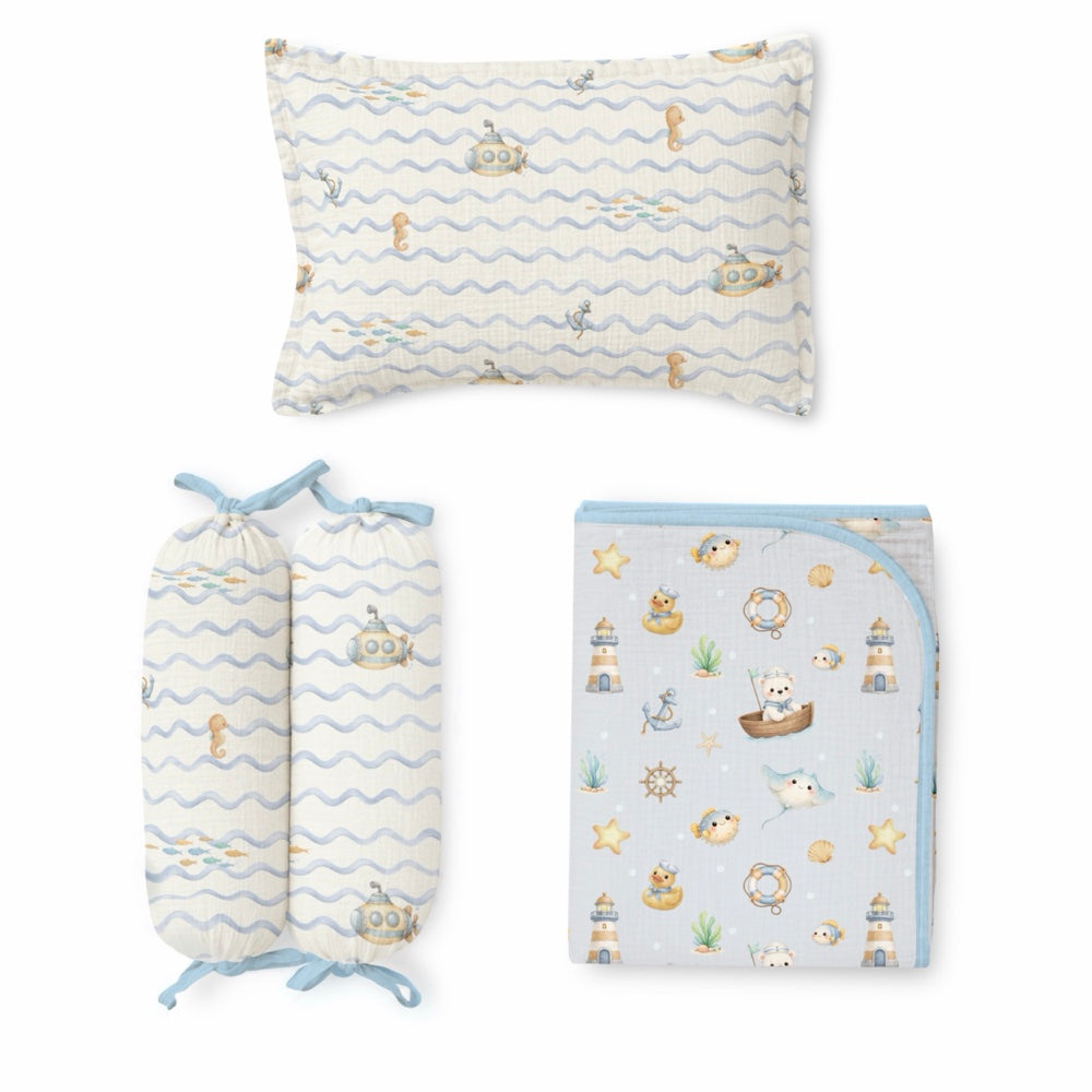 5 Pc Bamboo Muslin Cot Bedding Set -Bay Breeze