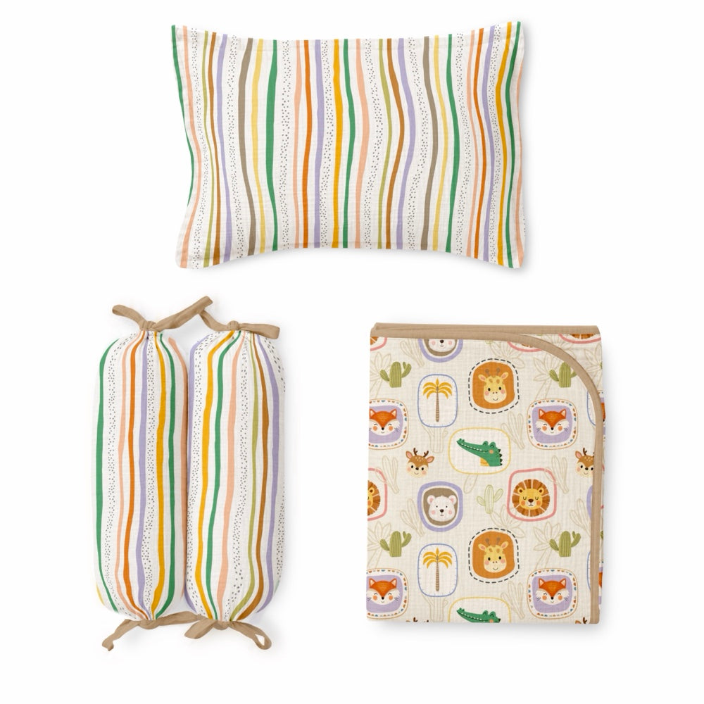 5 Pc Bamboo Muslin Cot Bedding Set - Jungle Buddies