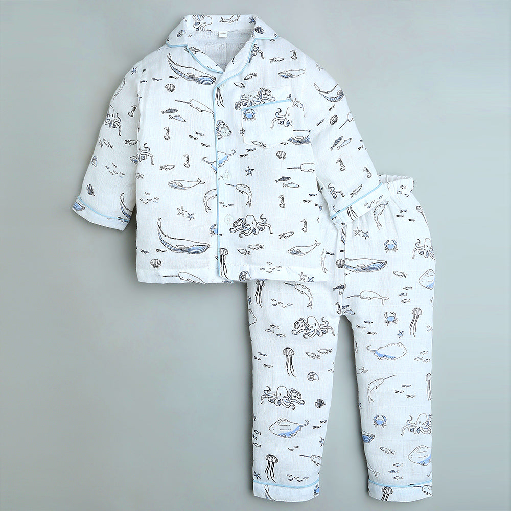 Bamboo Muslin Night Suit - Sea Life