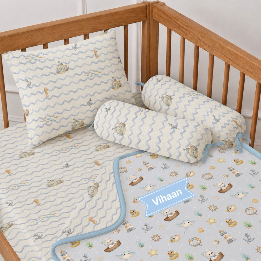 5 Pc Bamboo Muslin Cot Bedding Set -Bay Breeze