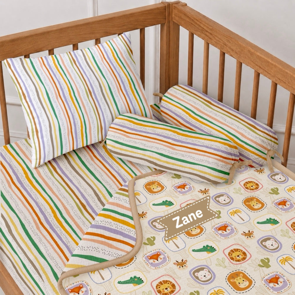 5 Pc Bamboo Muslin Cot Bedding Set - Jungle Buddies