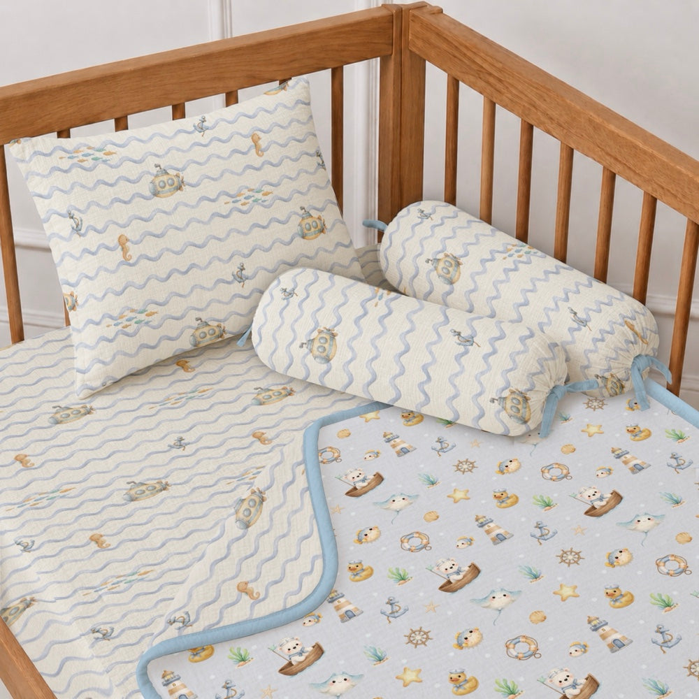 5 Pc Bamboo Muslin Cot Bedding Set -Bay Breeze
