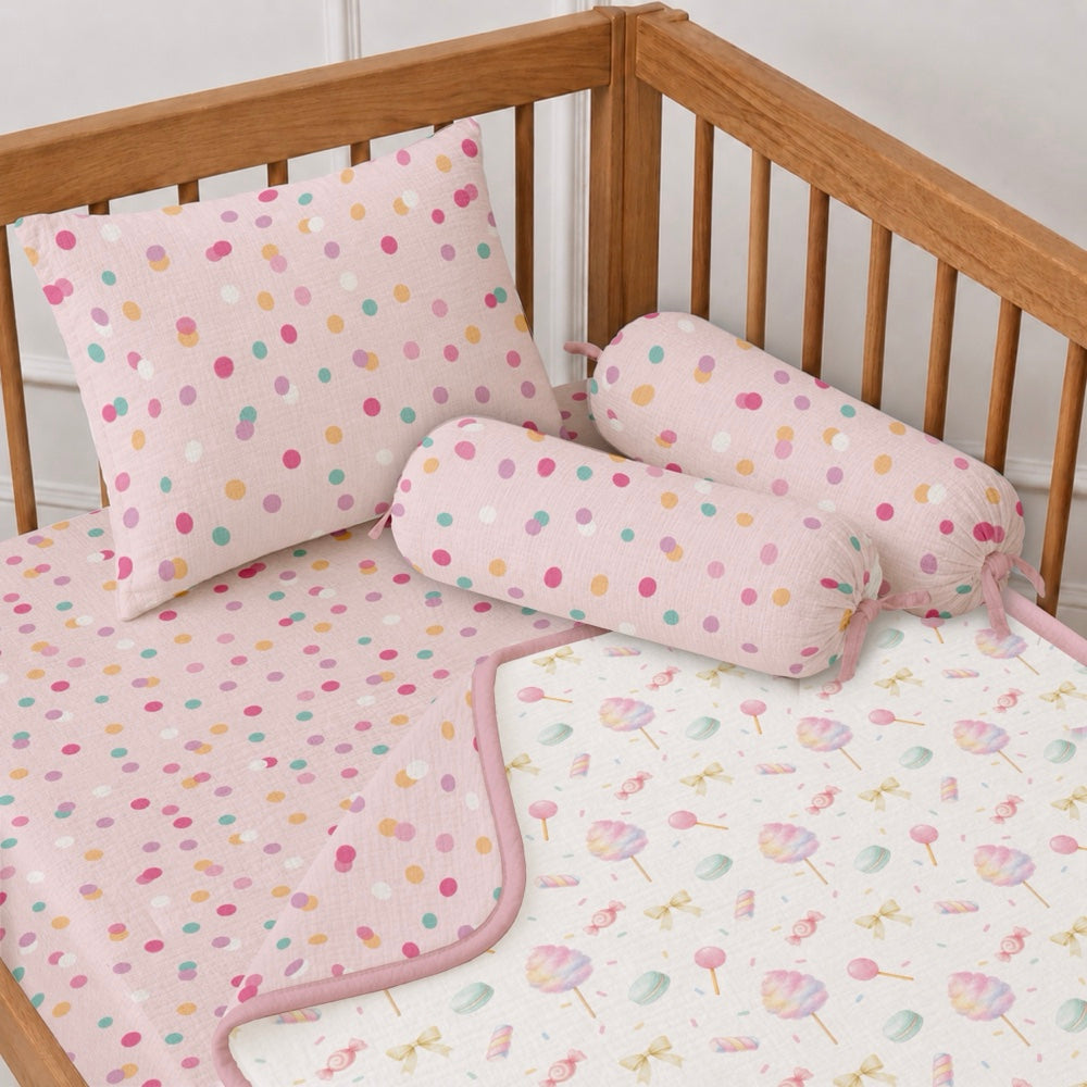 5 Pc Bamboo Muslin Cot Bedding Set - Cotton Candy