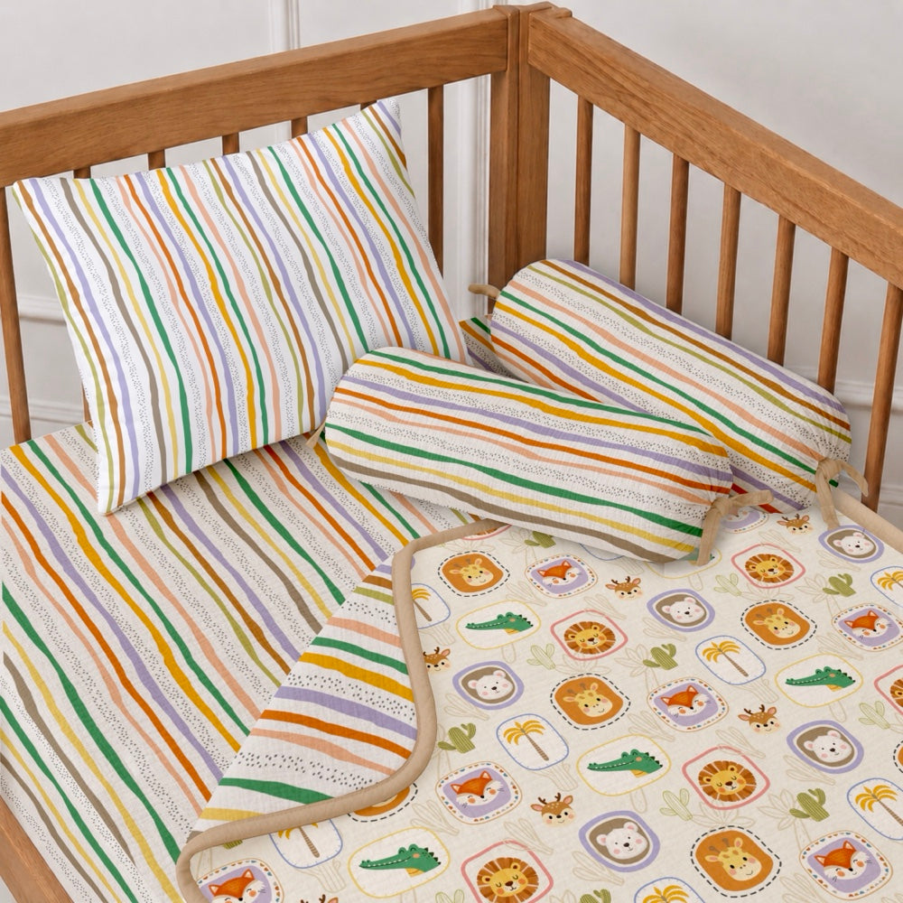 5 Pc Bamboo Muslin Cot Bedding Set - Jungle Buddies