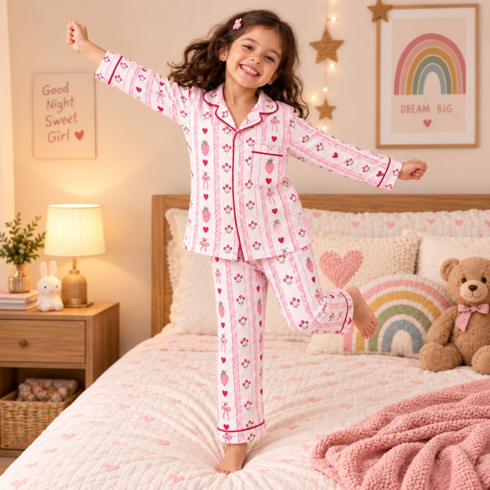 Pure Cotton Night Suit - Strawberry