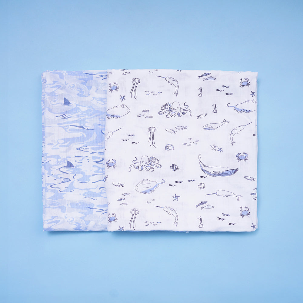 Pack of 2 Bamboo Muslin Swaddles - Marine