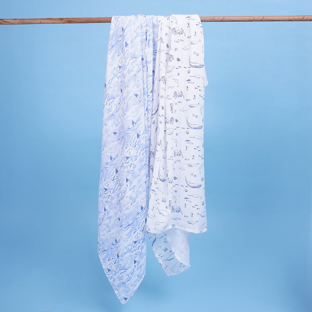 Pack of 2 Bamboo Muslin Swaddles - Marine