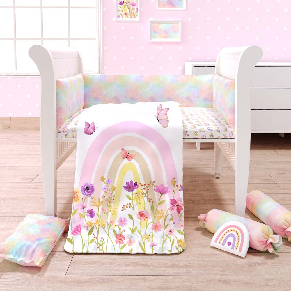 7 Pc Organic Baby Cot Bedding Set - Rainbow Dreams