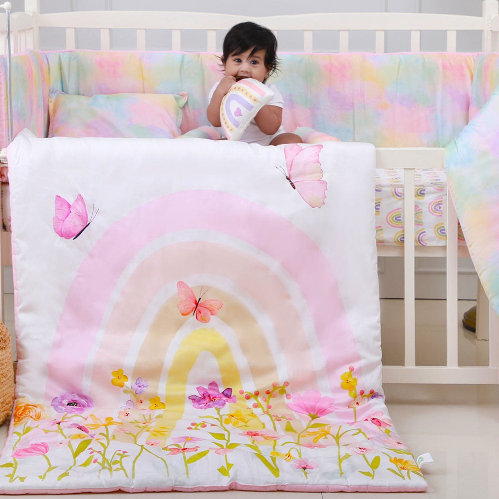 7 Pc Organic Baby Cot Bedding Set - Rainbow Dreams